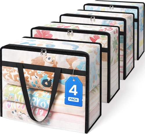 BlissTotes Clear Clothes Storage Bags - 4 Pack Foldable Under Bed Containers with Sturdy Zipper | 40L