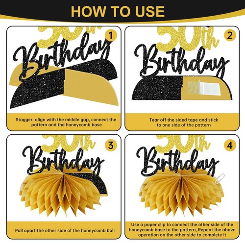 Zirtorei 50th Birthday Decorations Awesome Since 1976 Banner for Men Women, 4Pcs Black Gold 50 Birthday Hanging Sign Party Supplies, Fifty Year Old Bday Table Honeycomb Centerpieces