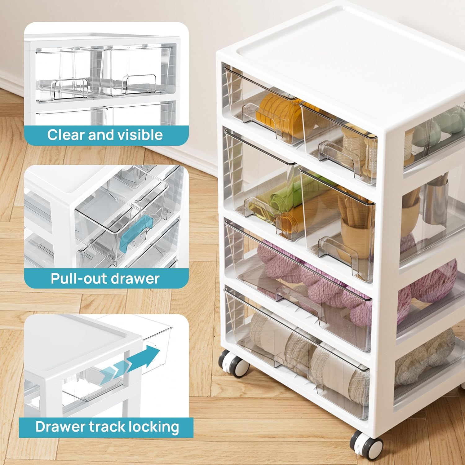 Vtopmart Plastic Drawer Organizer - 4-Tier, 6 Drawers with Wheels for Office & Craft Storage | Clear
