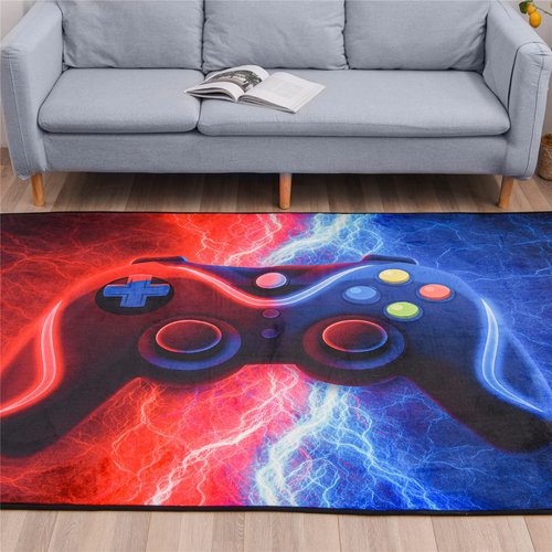 Meeting Story Gamer Gaming Area Rug Tie Dye Lightnings Gamepad Rug Games Console Action Buttons Print Carpet Indoor Floor Sofa Rugs for Kids Bedroom Living Room Game Room Decor(Red-Blue,5×8 Feet)