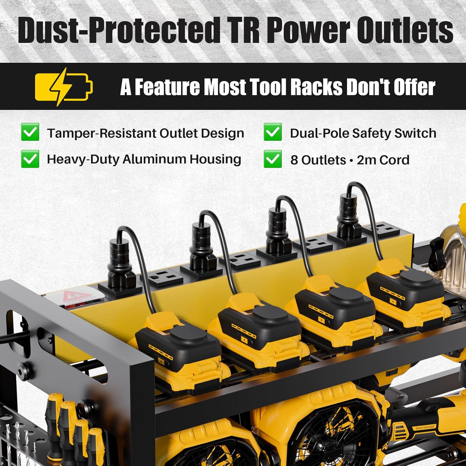 Power Tool Organizer - Wall Mount 8-Outlet Charging Station | Heavy Duty Garage Storage Rack