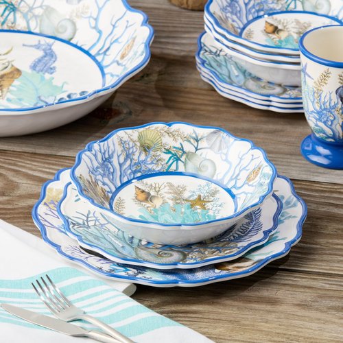 Blue Lagoon Melamine 12-Piece Dinnerware Set – Coastal Coral and Shell Design, Service for 4 – 11" Dinner Plates, 9" Salad Plates, and 28oz Bowls – Durable, Lightweight, BPA-Free, Dishwasher SafE