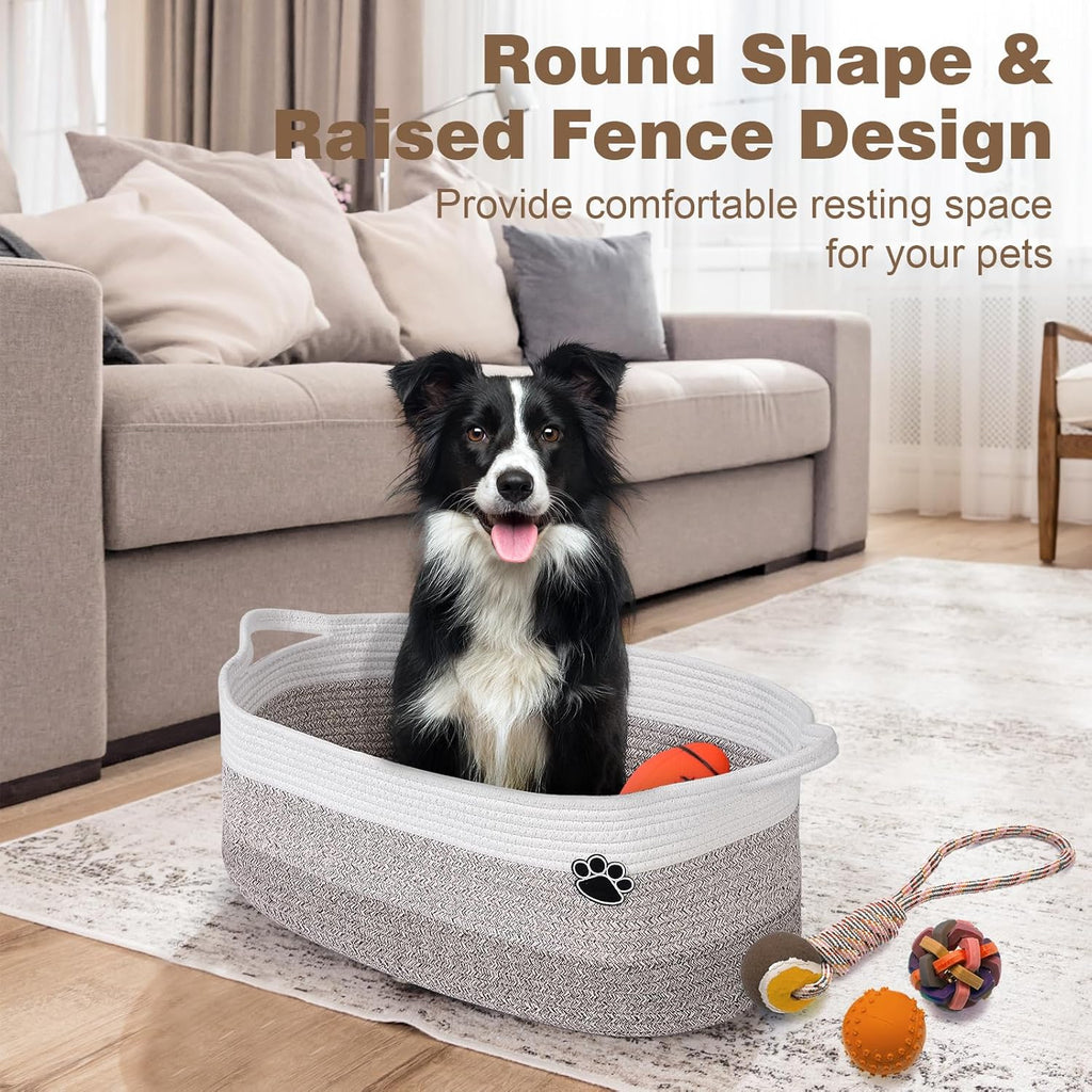 Optish Dog Toy Basket - Large Woven Rope Storage Bin for Dogs & Cats | 19.7" x 11" x 7.9" - White & Brown