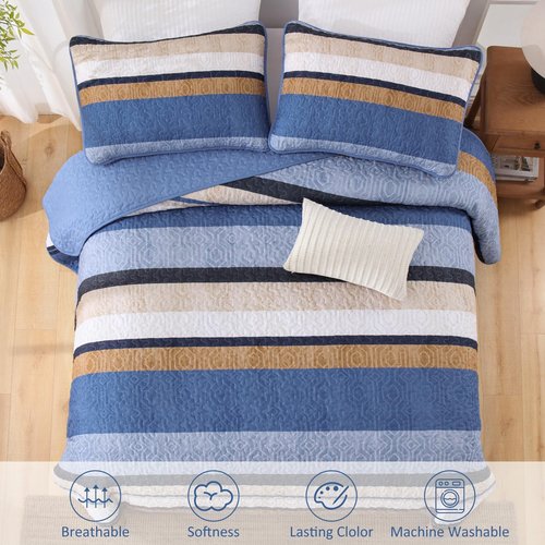Dobuyly Blue Queen Quilt Set, Boho Bedspread Queen Size, Striped Bedding Sets 3 Pieces, Lightweight Soft Coverlet Bed Sets with 2 Pillow Shams 96"x90"