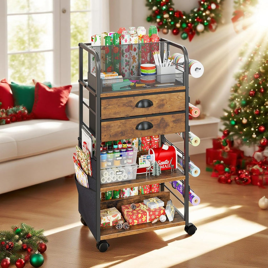 Wrapping Paper Storage Cart - Rolling Organizer with 2 Fabric Drawers & Side Pockets | Lockable Wheels for Gift Bags & Ribbons