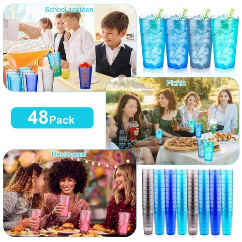 Norme 48 Pcs Plastic Restaurant Tumblers Plastic Reusable Cups Stackable Drinking Glass Dishwasher Safe Tumblers in 4 Coastal Colors for Kitchen Water(16oz)