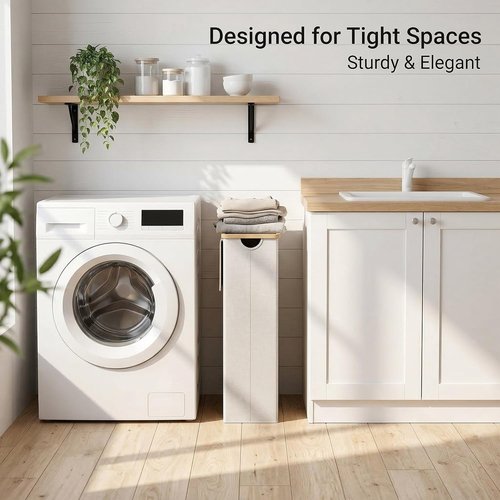 Efluky Slim Laundry Basket - Narrow Hamper with Lid & Removable Bag - 75L Beige for Bathroom & Bedroom