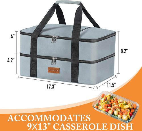 Double Decker Casserole Carrier by [Brand Name] - Insulated Food Warmer Bag for Potlucks | Fits 9"x13" Baking Dish, Leak-Proof, Durable Nylon, Grey