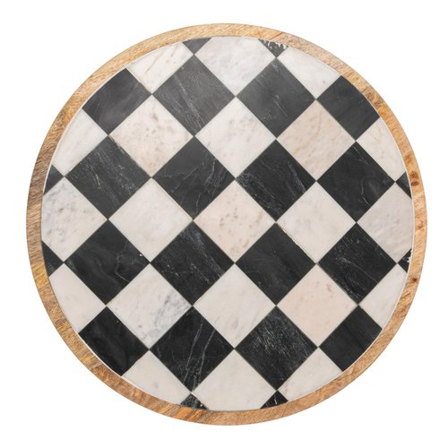 Creative Co-Op Checkered Lazy Susan in Mango Wood and Marble, White, Black and Natural