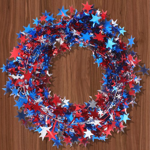 Shappy 6 Rolls Patriotic Garlands Star Wire Tinsel (24.6 Feet Per Roll) Red White and Blue 4th of July Party Decorations Independence Day Memorial Outdoor Indoor for Wreath Making