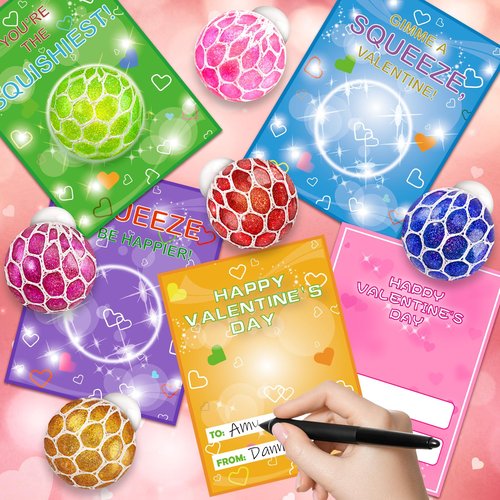 AyiOwmpa Valentines Day Cards for Kids School, 24 Pack Valentines Cards for Kids Classroom with Stretch Squeeze Balls Toys, Valentines Day Gifts for Kids Exchange, Ideal Valentines' Party Favors