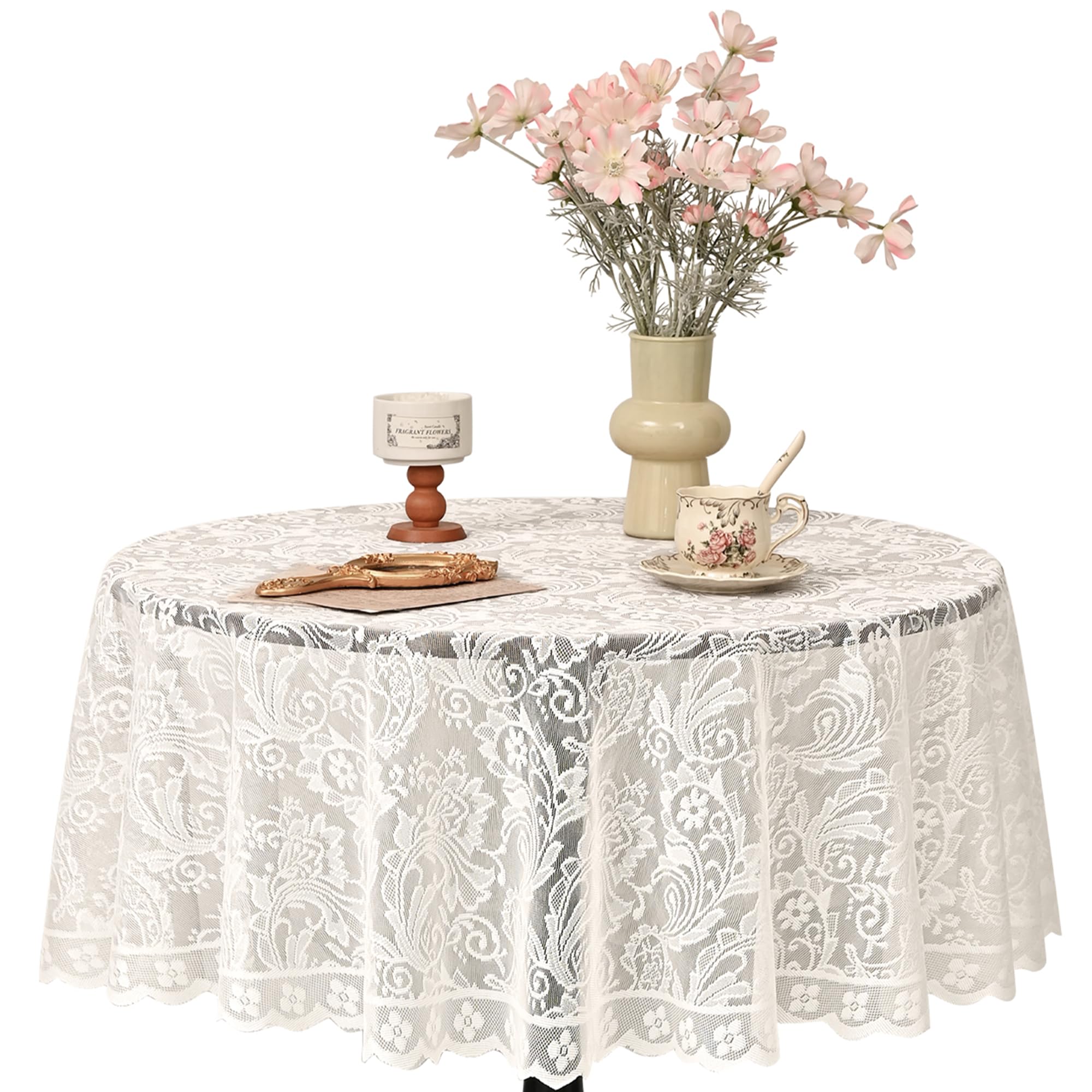 Jayla White Lace Round Tablecloth 60 Inches Phoenix Tail Flower Embroidered Wedding Table Cloths for Summer Outdoor Party Reception, Dinner Party, Baby Shower, Decorations, Home Decor