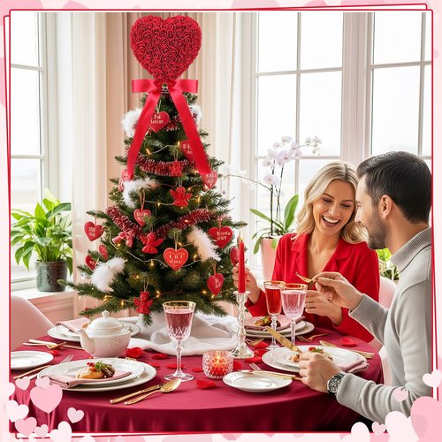 Soulchen Valentine Day Tree Topper 11.8 Inch Heart Tree Topper with Bow Rose Valentines Trees Ornaments Decorations for Valentine's Day Wedding Holiday Party Supplies(Red)
