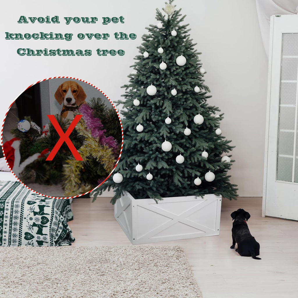 Christmas Tree Collar Box, 22" L White Wooden Tree Collar, Christmas Tree Stand Cover, Tree Skirt Box for Below 8ft Christmas Tree Decoration
