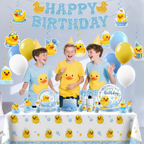 Xynic 210 Pcs Duck Birthday Decorations, Tableware Set with Plates, Duck Cupcake toppers, Napkins, Serves 25, 3 Birthday Candles, 2 Tablecloths, Banner, Balloons, Cups, for Duck Party Decorations