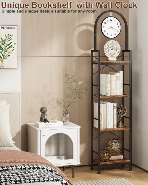 HIGDBFE Bookshelf, 4 Tier Arched Bookshelf with Built-in Clock, 68.2" Tall Narrow Bookcase, Modern Standing Book Shelf for Living Room, Bedroom, Home Office, Rustic Brown