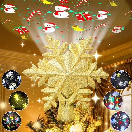 [6 Patterns] 9.05 inch Christmas Tree Topper Projector Snowflake with 6 Patterns Gold Snowflake Projector Tree Topper Plug in for Indoor Office Xmas New Year Holiday (Gold,3m Cable)