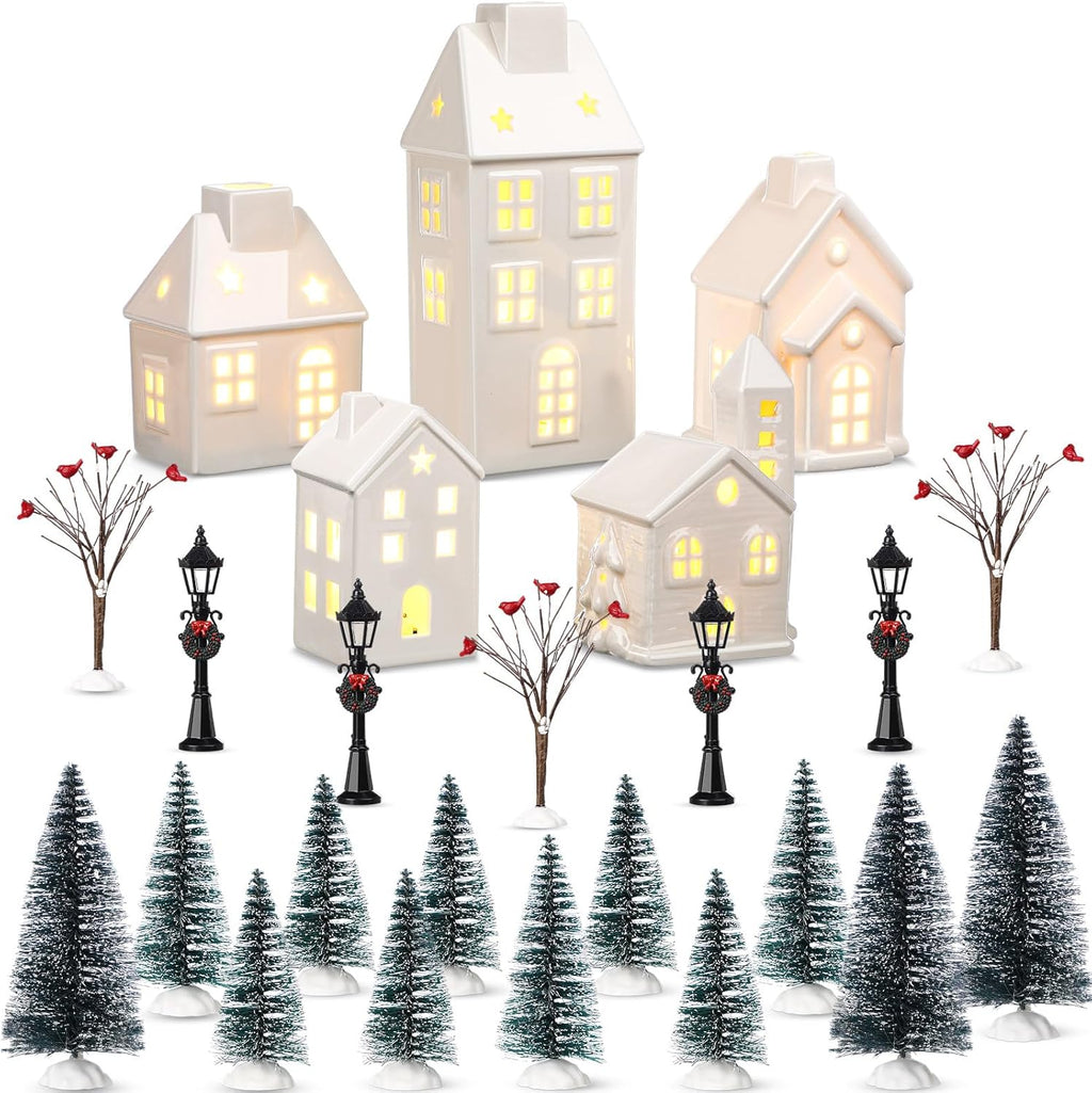 WinnerWhy Christmas Village House Set - 24 Pcs LED Lighted Mini Ceramic Ornaments for Festive Decor