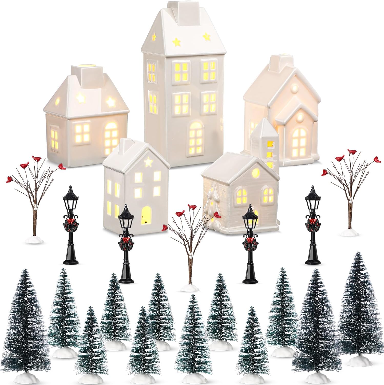 WinnerWhy Christmas Village House Set - 24 Pcs LED Lighted Mini Ceramic Ornaments for Festive Decor