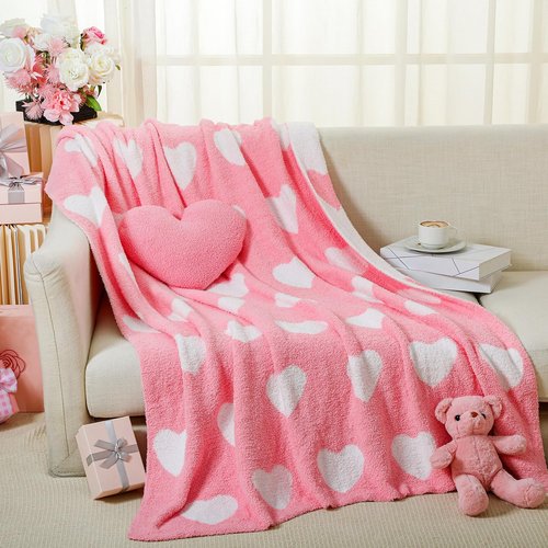 FuWeave Heart Pillow Blanket and Pillow Set Include 50 x 60 Inch Double Sided Pink Flannel Blanket and Heart Shaped Plush Throw Pillows for Home Living Room Bed Couch Sofa Decor Lover Gifts