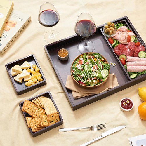 Koppen Acacia Wood Serving Tray with Handles – 6-Compartment Decorative Organizer for Snacks, Ottoman, Coffee Table Decor, Breakfast, Charcuterie, Kitchen Counter or Food Display