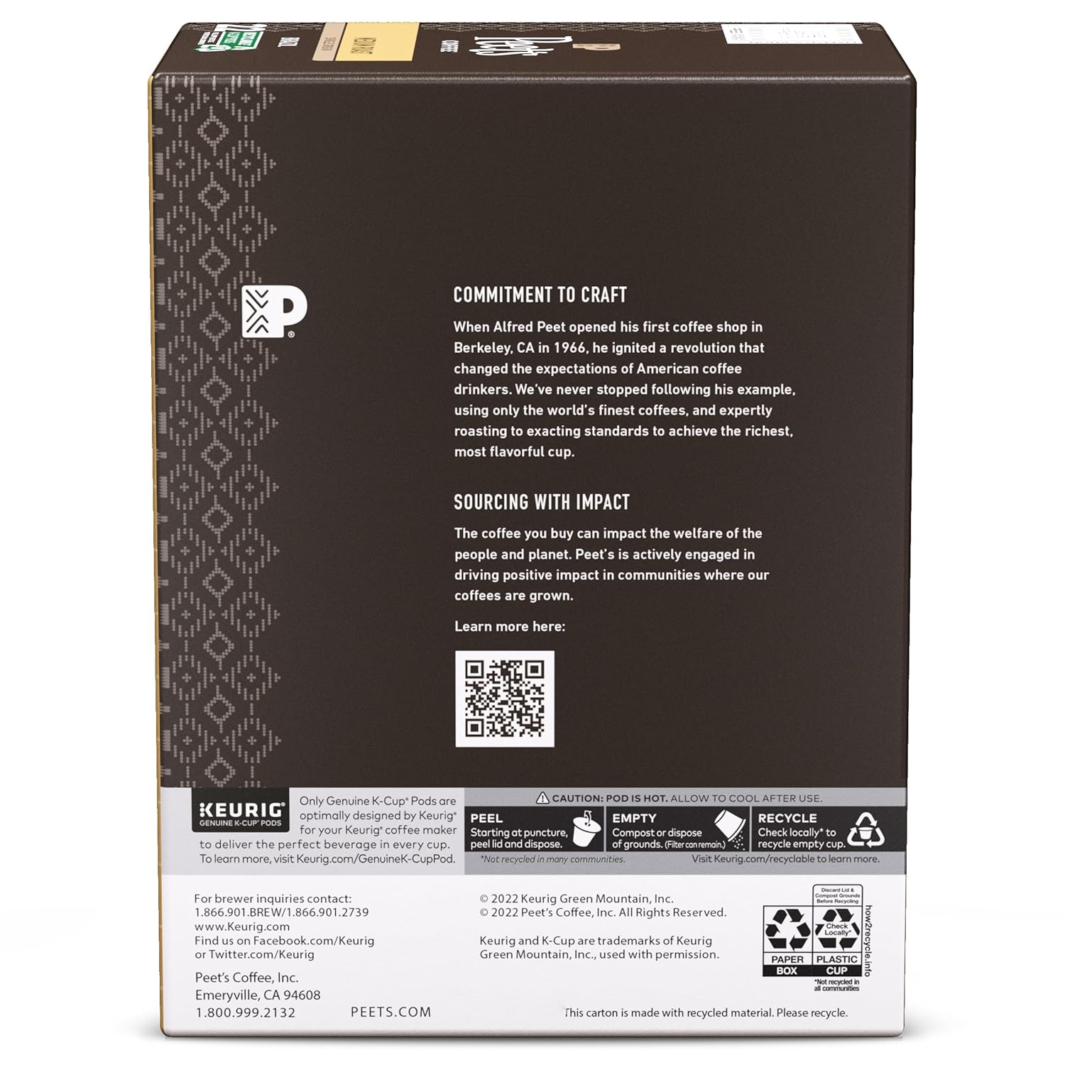 Peet's Coffee Medium Roast K-Cup Pods - 100% Arabica Single Origin Brazil, 88 Count (4 Boxes)