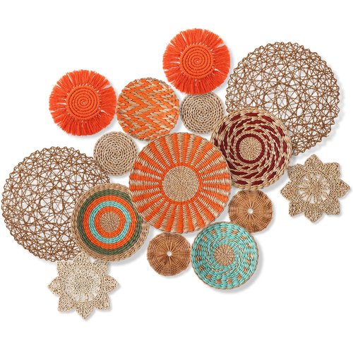 Anglechic 15 Pcs Boho Wall Basket Decor Woven Rattan Seagrass Wall Decor Hanging Rustic Farmhouse Western Art Decoration for Nursery Living Room Bedroom Home Kitchen(Orange Style)