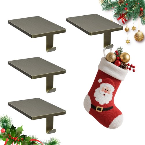 GloTika Christmas Stocking Holders for Mantle Set of 4, Heavy Duty Stocking Holder Hooks for Fireplace Tabletop Shelf Christmas Ornaments, Cast Iron Stocking Hangers Base, Bronze