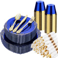 Bestluck 350 PCS Blue and Gold Plastic Plates, Disposable Dinnerware Set for 50 Guests, 100 Disposable Plates, 150 Silverwares, 50 Cups, 50 Napkins for Wedding, Party, Graduation