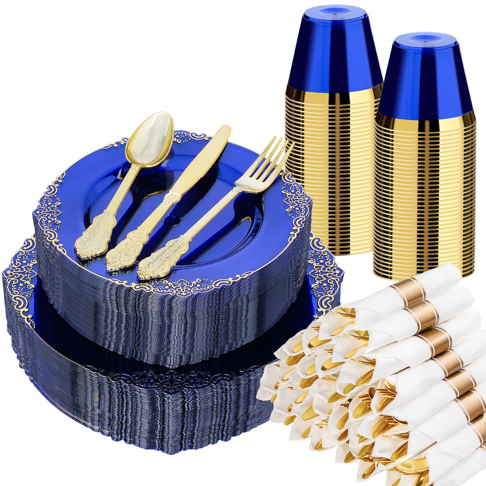 Bestluck 350 PCS Blue and Gold Plastic Plates, Disposable Dinnerware Set for 50 Guests, 100 Disposable Plates, 150 Silverwares, 50 Cups, 50 Napkins for Wedding, Party, Graduation
