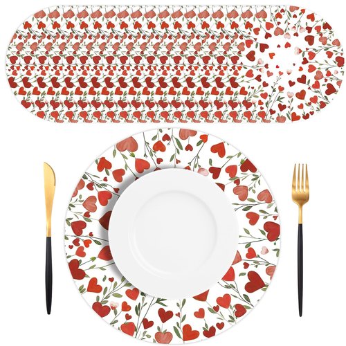 SMUAENSS 50Pcs Valentine's Day Disposable Round Paper Placemats - Red Pink Heart Wreath Design, Valentine's Day Dinner Table Mats Wedding Anniversary Party Table Decor