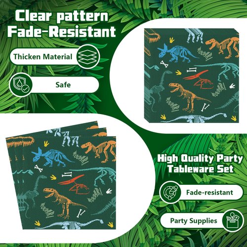 Dinosaur Birthday Party Supplies for Kids 96 Piece Dino Theme Tableware Set Includes Disposable Paper Plates, Napkins and Forks Dinosaur Decorations for Boys Birthday Party, Serves 24 Guests