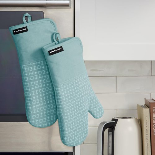 KitchenAid Gourmet Series Oven Mitts - Heat Resistant Up to 600°F, Soft Silicone Grip, Aqua | 2-Pack Set