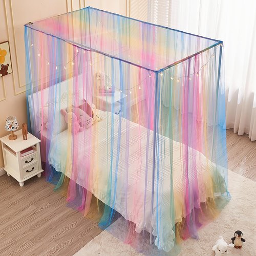 JQWUPUP Rainbow Bed Canopy for Girls Kids, 4 Corner Post Princess Twin Canopy Bed Curtains with DIY Star Stickers for Bedroom Decor