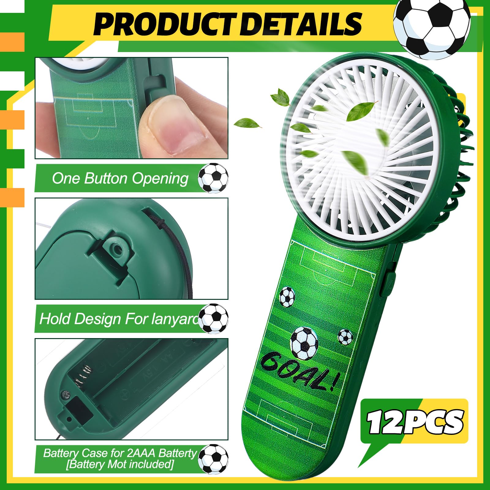 WILLBOND 12 Pcs Soccer Party Supplies Mini Handheld Fan Bulk Small Personal Portable Fans with Lanyard for Soccer Team Gift Goodie Bag Stuffers Outdoor Sport Party, Battery Not Include
