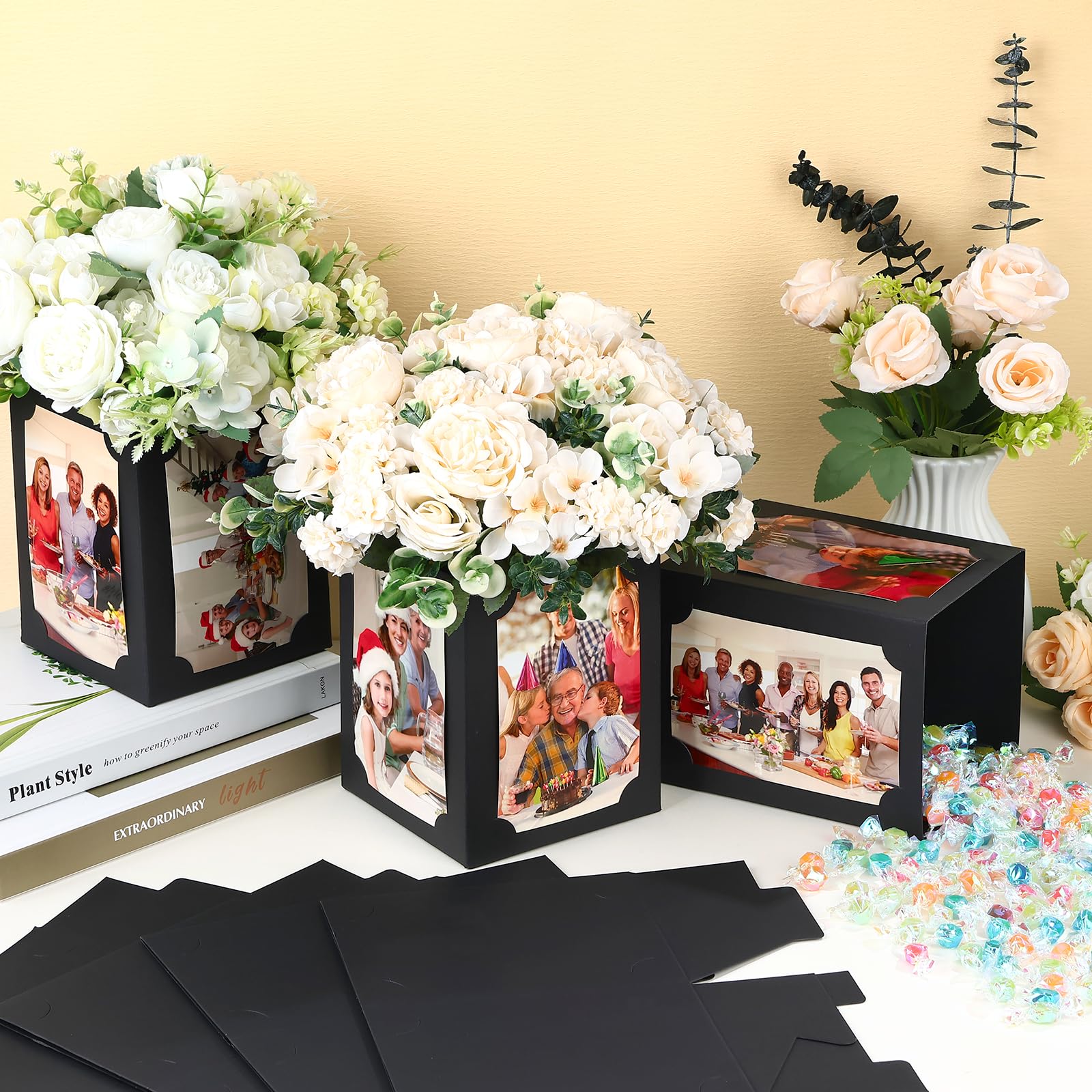 Tongnian 12 Pcs Picture Centerpieces for Table - 6 Inch Photo Display Frame & Hollow Picture Props Box for Congrats Grad Decor, Wedding, Birthday Party Table Decoration (Black)