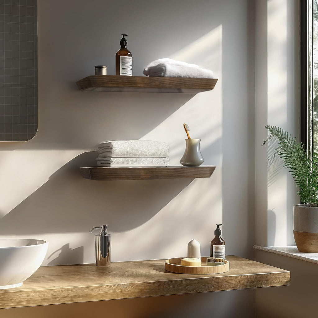 Wood Floating Shelves | 16-Inch Set of 2 - Stylish Bathroom & Living Room Storage - American Walnut Finish