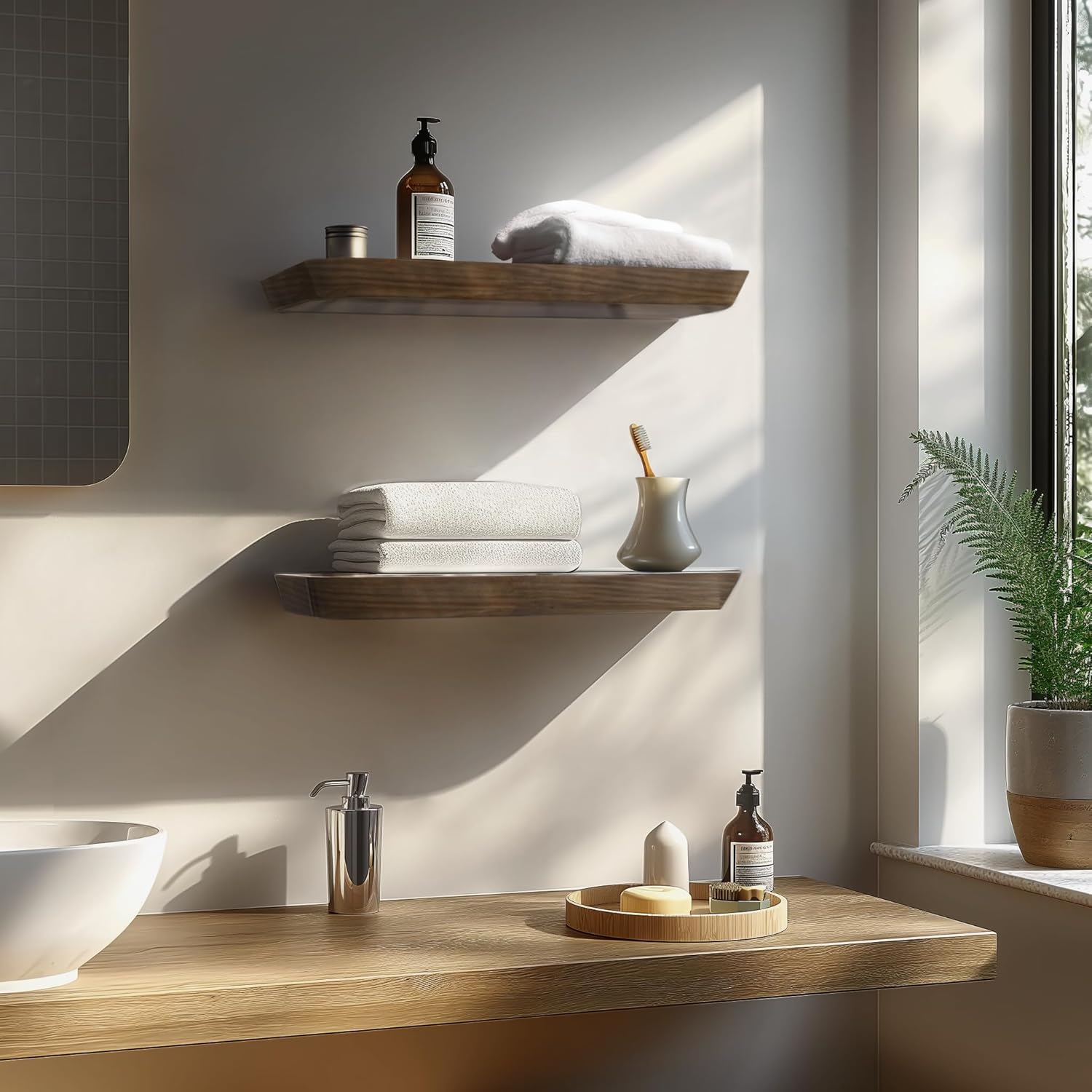 Wood Floating Shelves | 16-Inch Set of 2 - Stylish Bathroom & Living Room Storage - American Walnut Finish