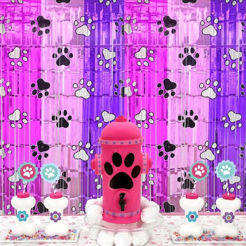 Bupelo Pink Paw Birthday Decorations - 2 Pack Tinsel Foil Fringe Curtains | Dog Party Backdrop 3.3 x 6.6ft