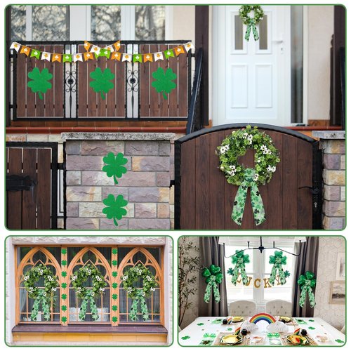 2Pcs St Patricks' Day Wreath Sash Green Shamrock Bow Front Door Spring Holiday Irish Clover Tree Sash for Wreath Front Saint Patrick's Day Decorations Supplies (55'' x 4.7'')