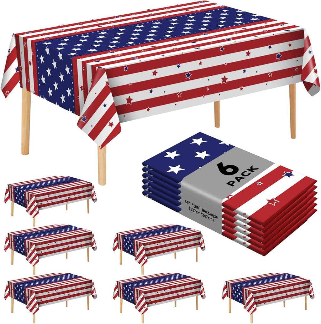 Skiennix 6 Pack Disposable Plastic Tablecloths - Patriotic American Flag Design, 54" x 108" for Memorial Day Celebrations