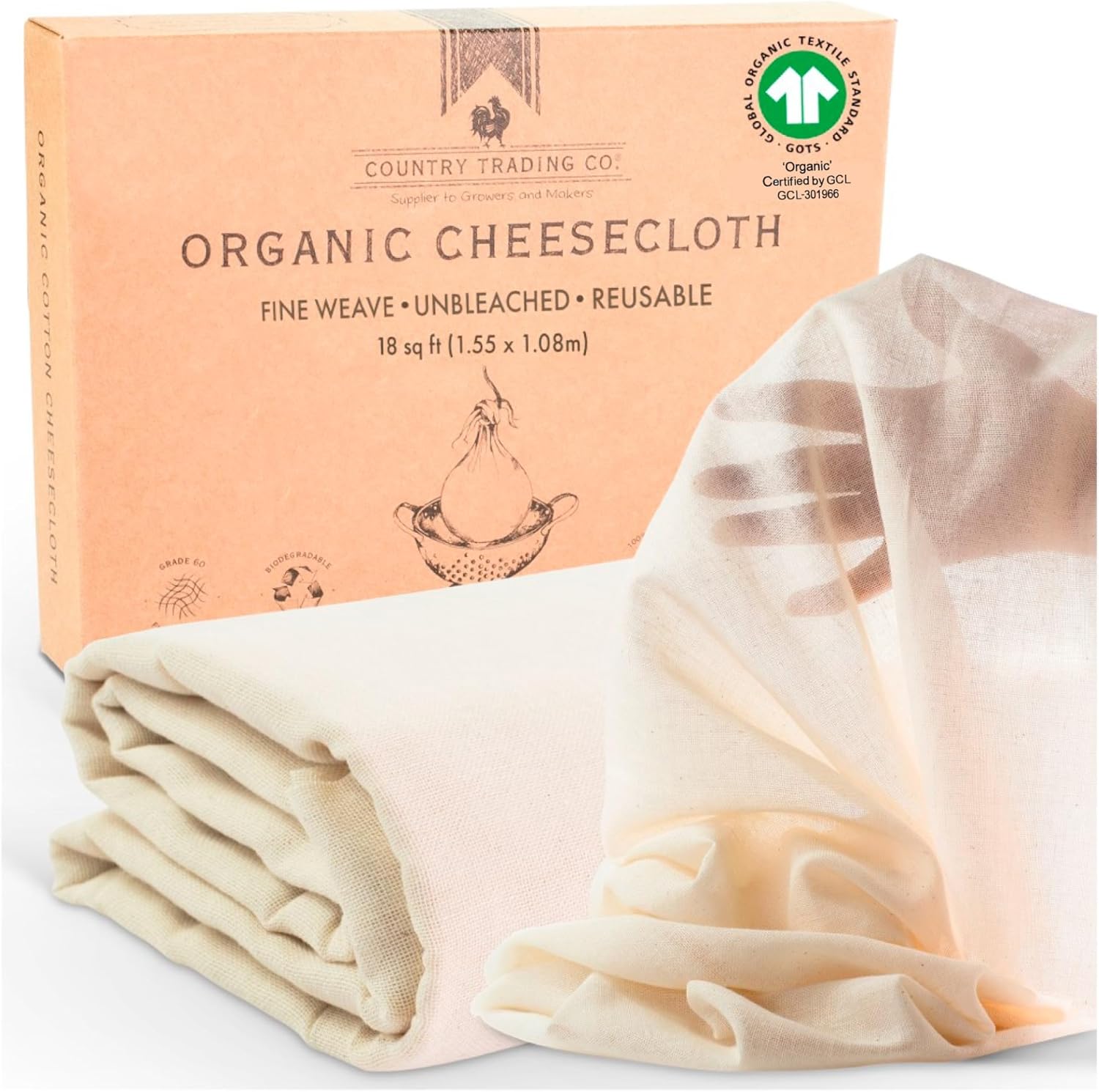 Organic Unbleached Cotton Cheesecloth - GOTS Certified Fine Strainer | Large 18 Sq.Ft. Reusable Cloth
