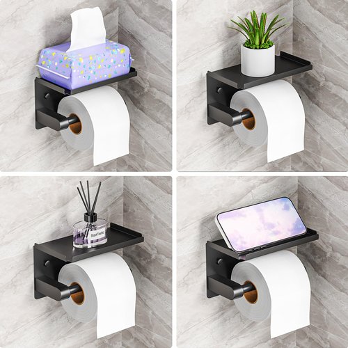 Matte Black Toilet Paper Holder with Shelf, Wall Mount, Heavy Duty Metal, Fits Double Rolls, No-Drill Adhesive or Screw Mount for Bathroom, Kitchen, RV