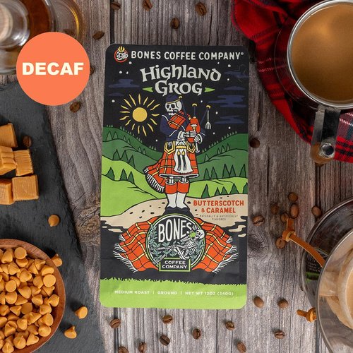 Bones Coffee Company Decaf Highland Grog, Butterscotch Caramel Decaffeinated Flavored Coffee, Medium Roast Low Acid Arabica Beans For Auto drip and French Press Coffee Maker, 12 Oz Ground