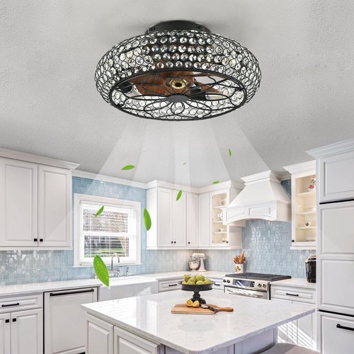 XUDOM Caged Crystal Ceiling Fans with Lights and Remote,18.8" Flush Mount Low Profile Ceiling Fan with Light,6 Speed Enclosed Ceiling Fan with Reversible Motor for Bedroom Kitchen Living Room