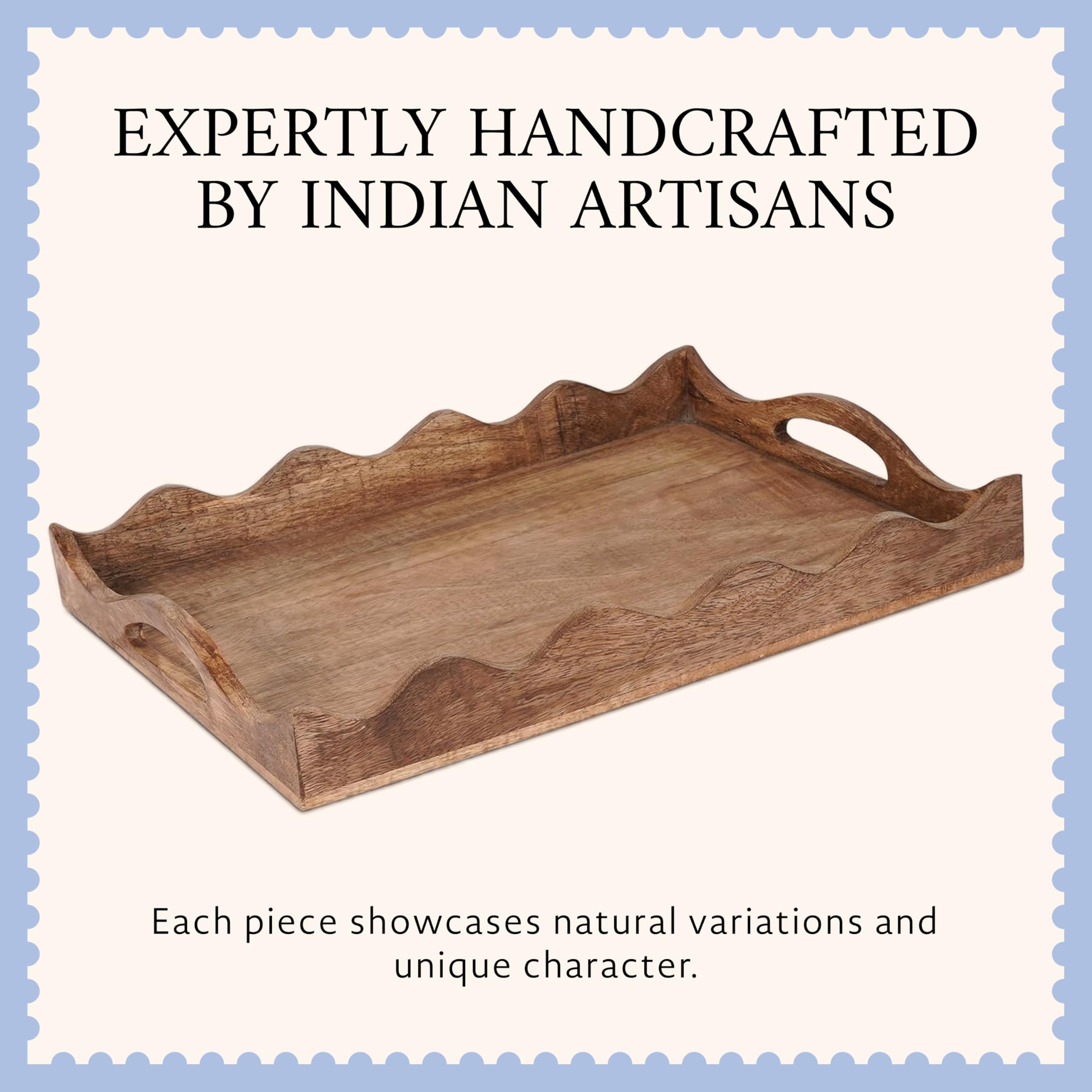 Mela Artisans Wooden Serving Tray with Handles | 12x8x2.5 Mango Wood Decorative Tray | Ottoman Tray | Snacks | Desserts | Breads | Coffee Table | Bedroom | Scalloped Design