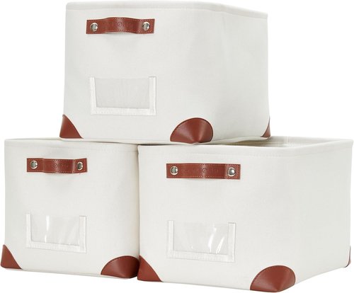 DECOMOMO White Storage Bins - Large Fabric Baskets for Shelf & Linen Closet Organization | 3 Pack with Label Holders