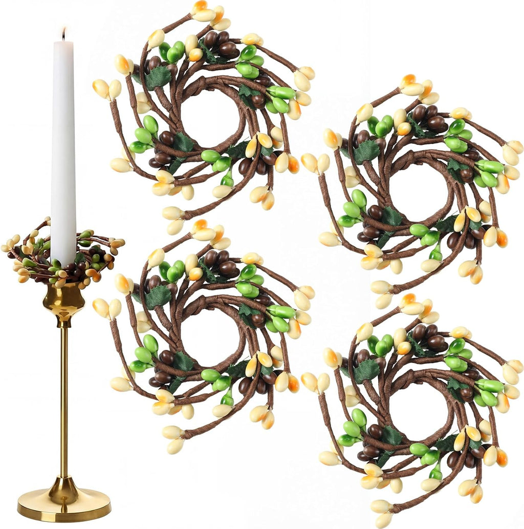 Suncalla Spring Pip Berry Taper Candle Rings - Set of 4 Mini Artificial Wreaths for Home Decor