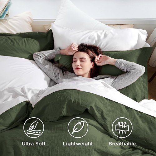 Bedsure Olive Green Duvet Cover Set - Extra Soft Prewashed Cotton-Like Polyester, Queen Size 90x90 Inches, Includes 2 Pillow Shams