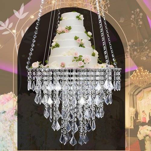 Weysat Hanging Wedding Cake Stands - 17.7'' Faux Acrylic Crystal Chandelier Style Drape Suspended Cake Swing with Crystal Chains Dessert Display Stand for Wedding Birthday Party Decoration